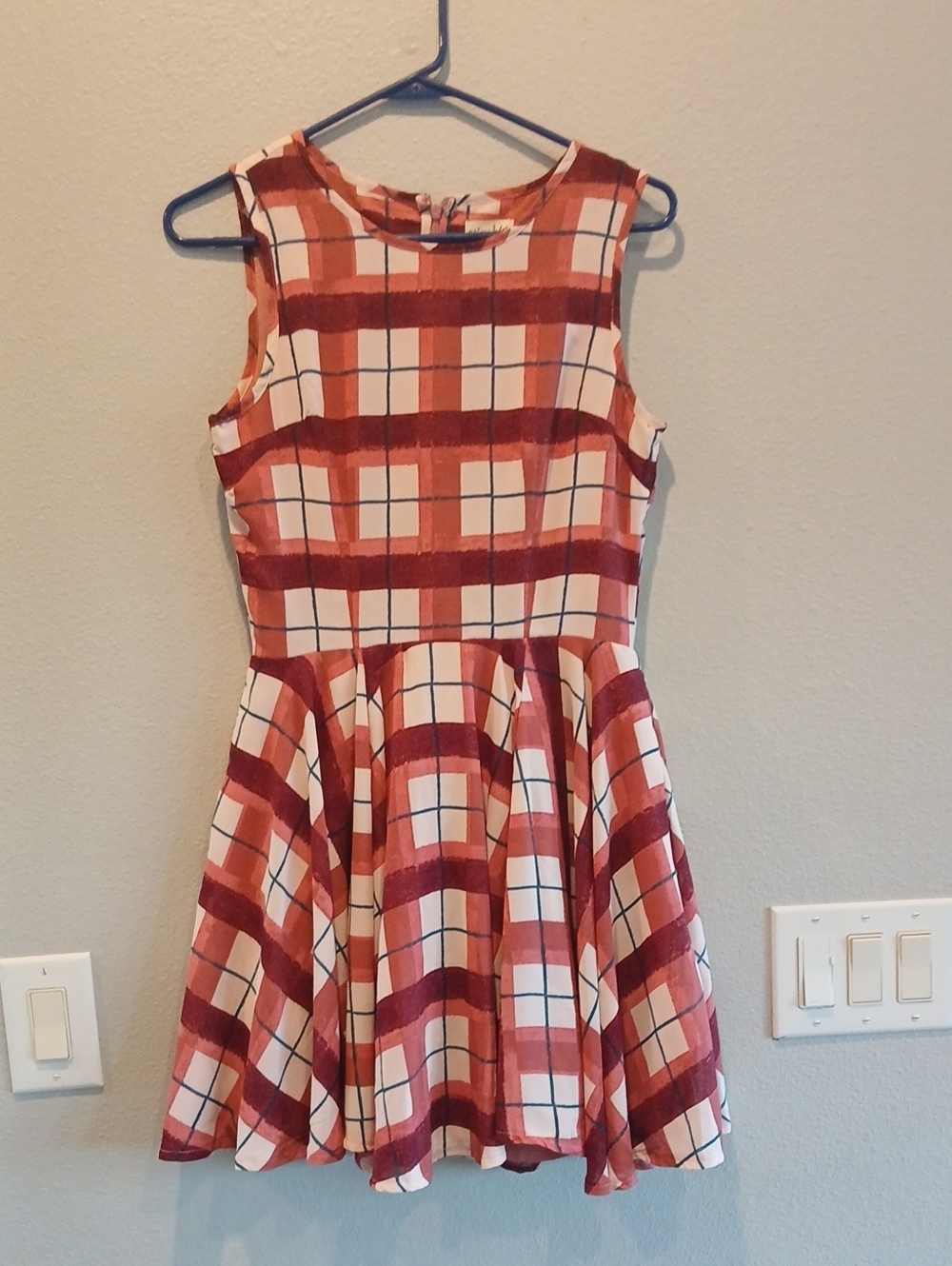 Maison Jules Small Rust and Cream Plaid Sleeveless Fit-and-Flare Dress